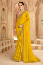 Yellow Satin Chiffon Saree with Pink Banglori Silk Work Blouse