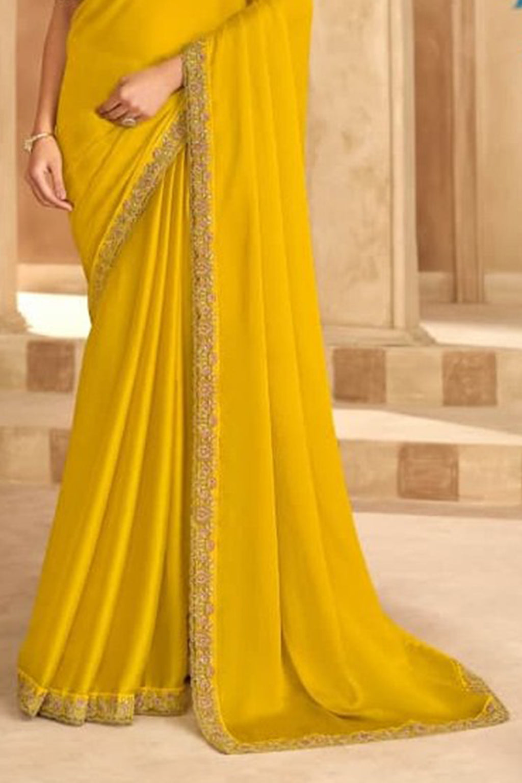 Yellow Satin Chiffon Saree with Pink Banglori Silk Work Blouse