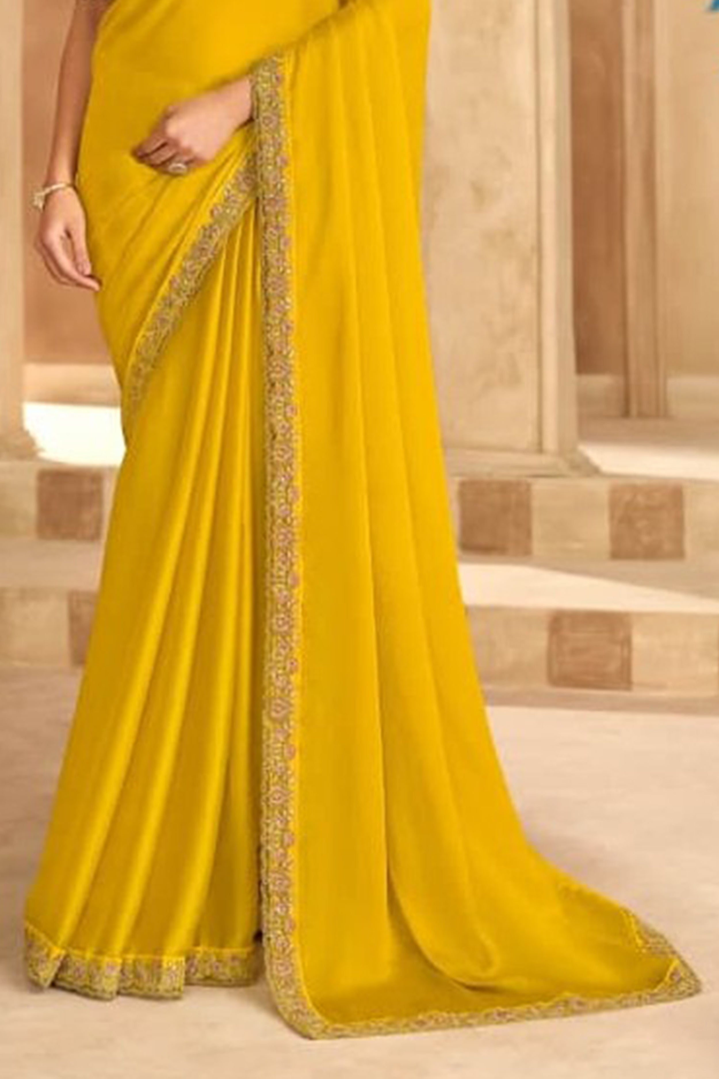 Yellow Satin Chiffon Saree with Pink Banglori Silk Work Blouse