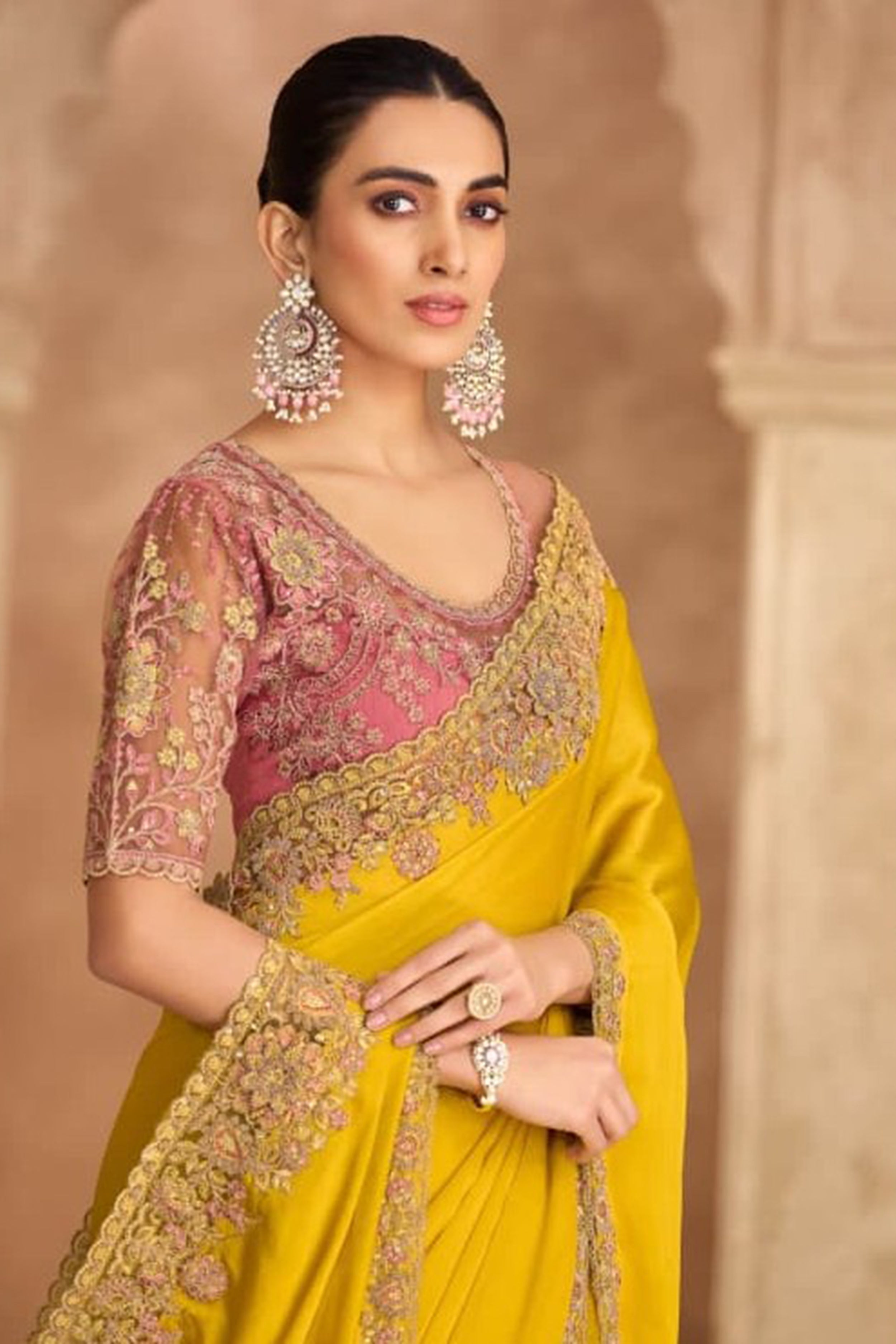 Yellow Satin Chiffon Saree with Pink Banglori Silk Work Blouse