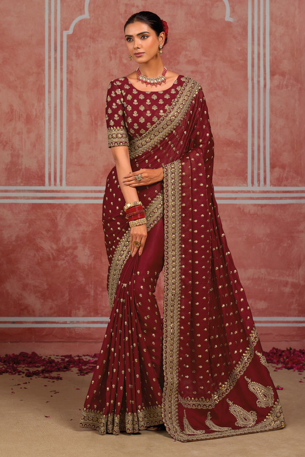 Maroon Silk Classic Sari with Sequins and Zari Work