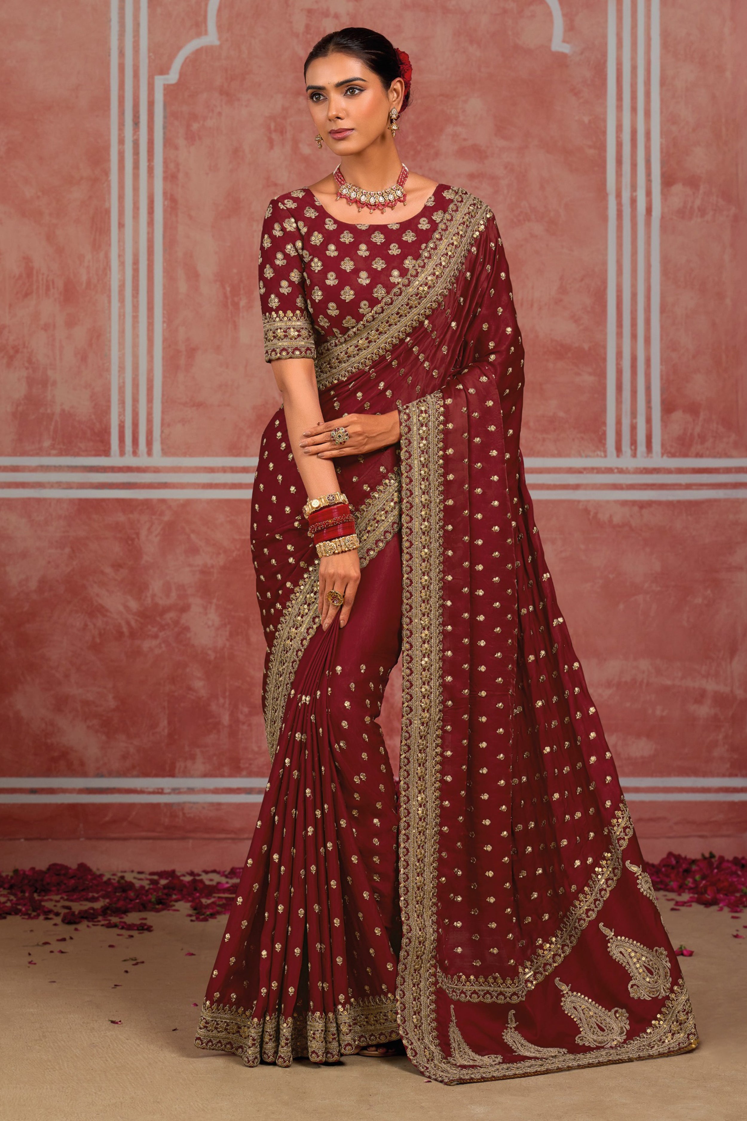 Maroon Silk Classic Sari with Sequins and Zari Work