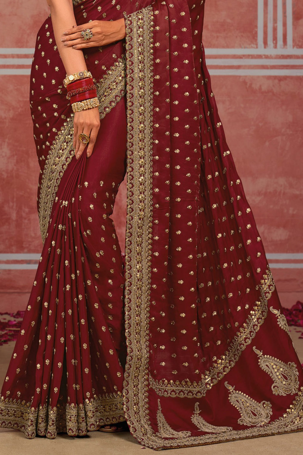 Maroon Silk Classic Sari with Sequins and Zari Work