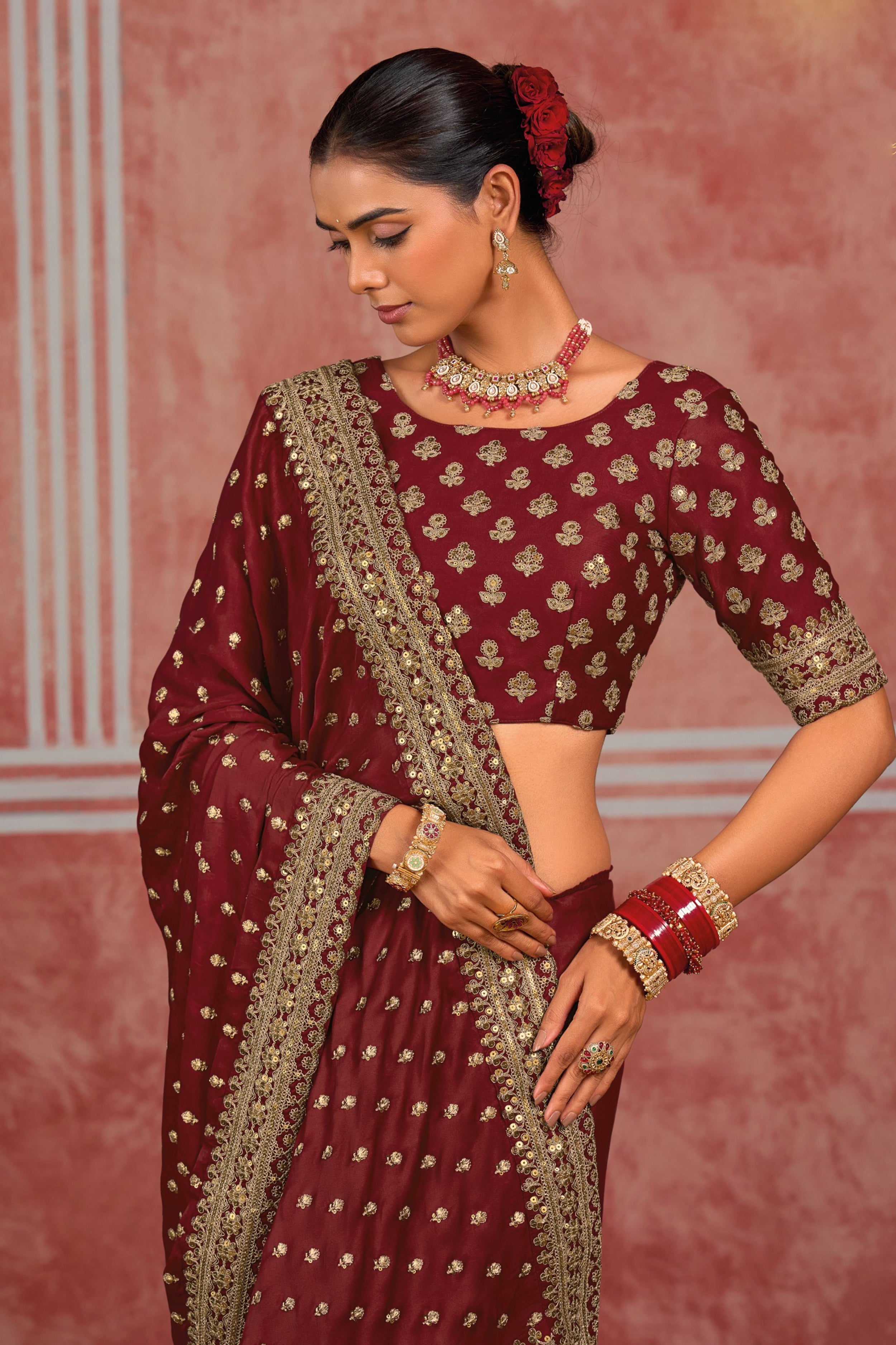 Maroon Silk Classic Sari with Sequins and Zari Work