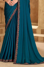 Teal Blue Satin Chiffon Saree with Brown Banglori Work Blouse
