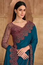 Teal Blue Satin Chiffon Saree with Brown Banglori Work Blouse
