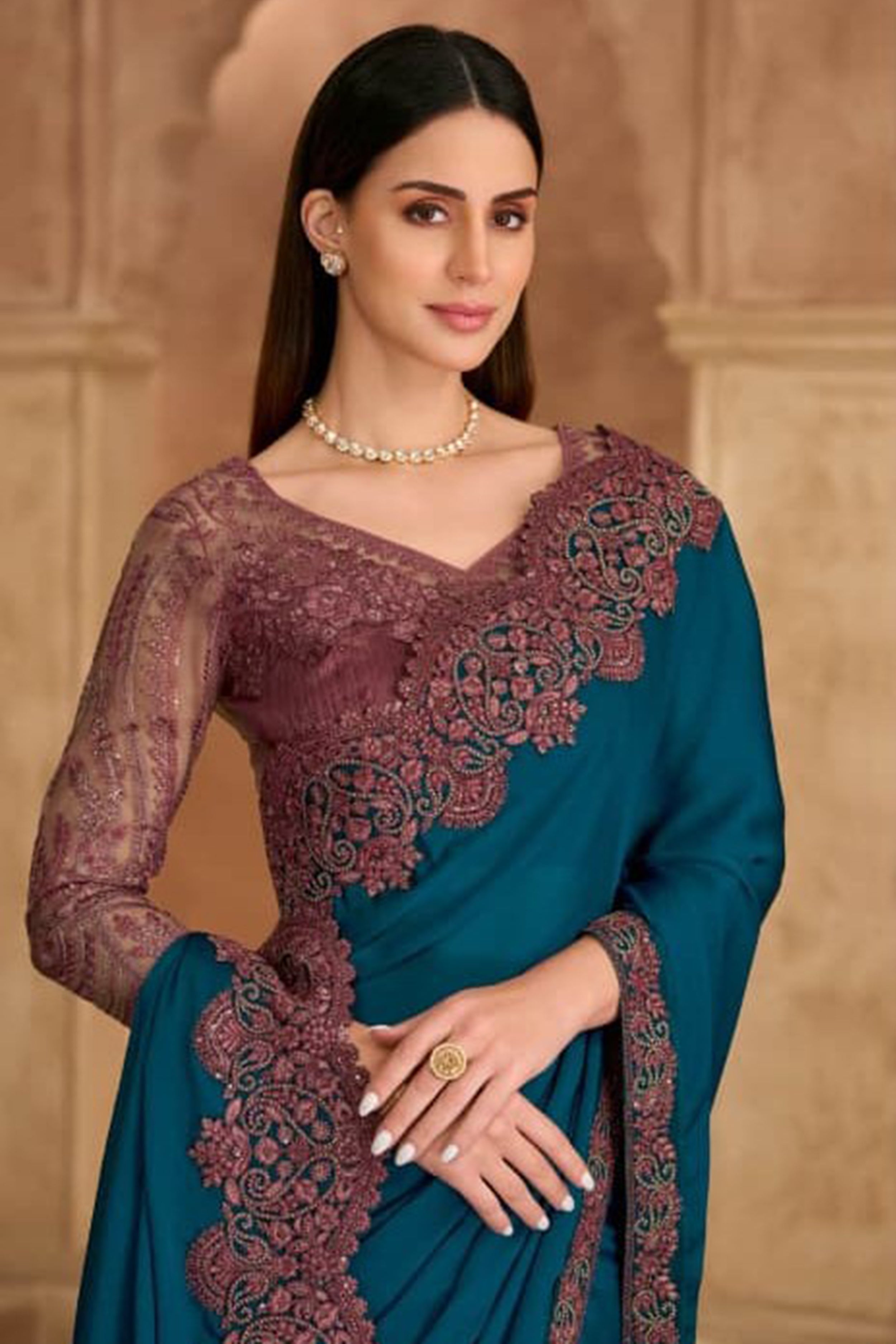 Teal Blue Satin Chiffon Saree with Brown Banglori Work Blouse
