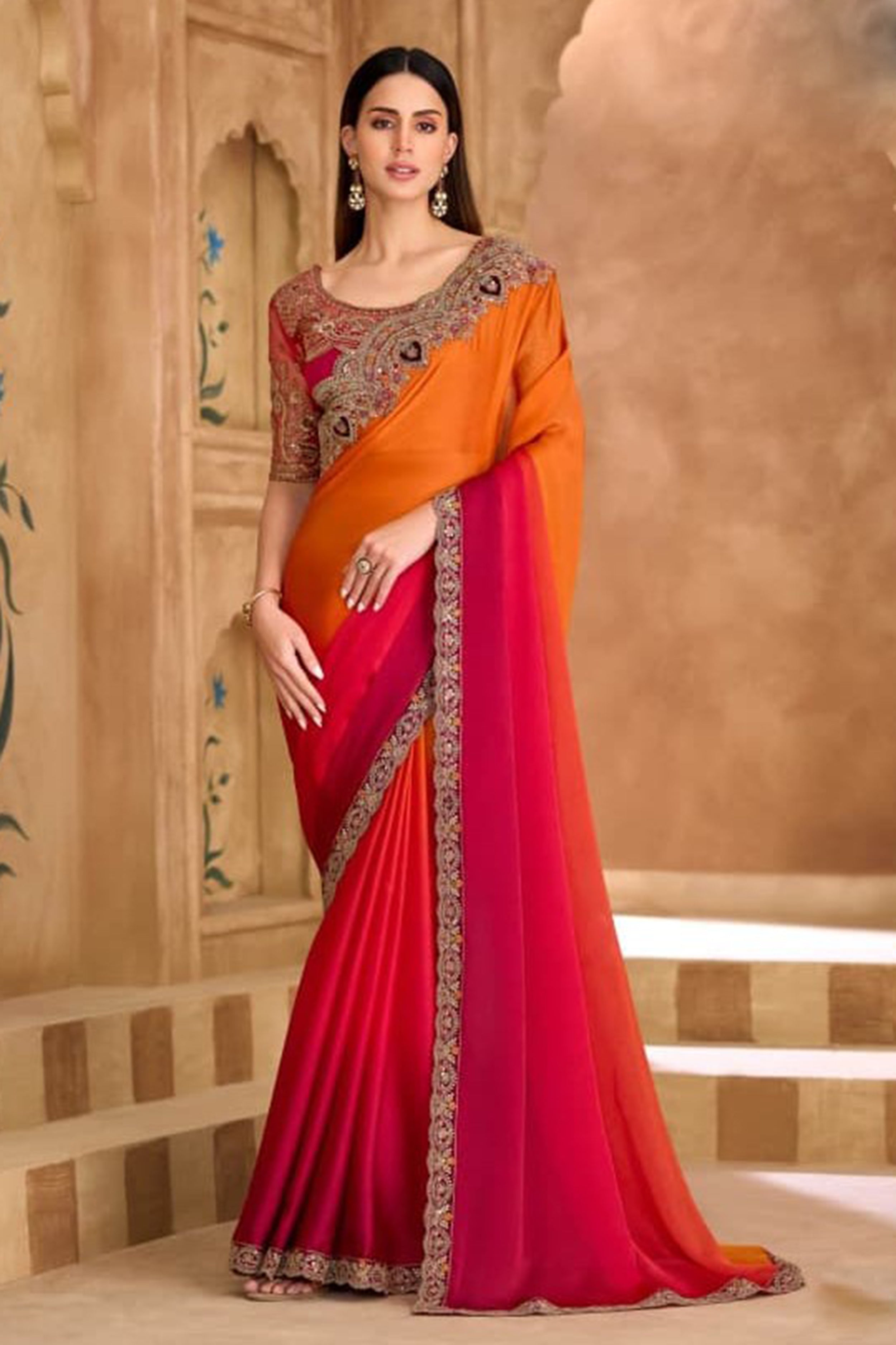 Shaded Orange Georgette Saree With Dual Tone Pallu