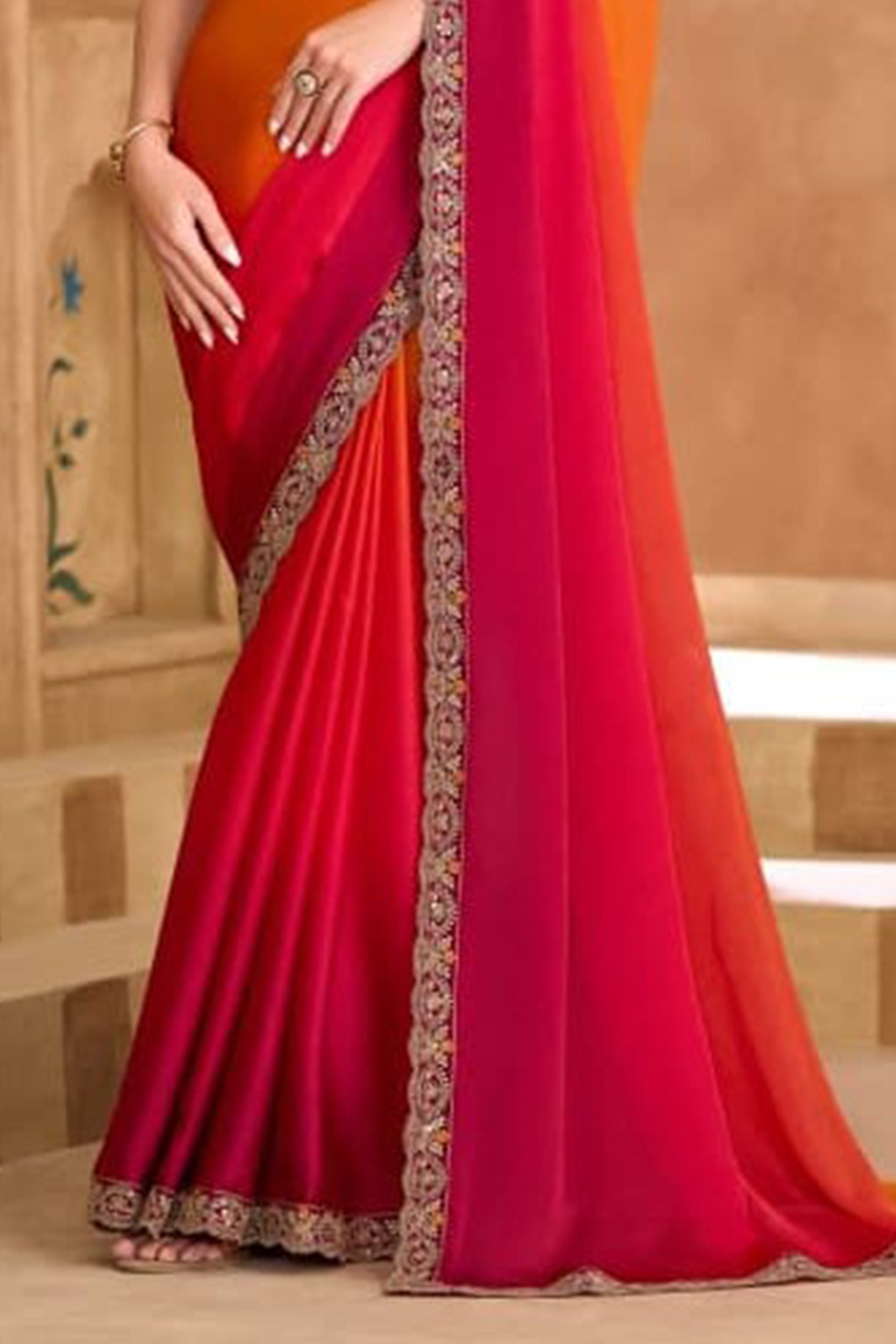 Shaded Orange Georgette Saree With Dual Tone Pallu