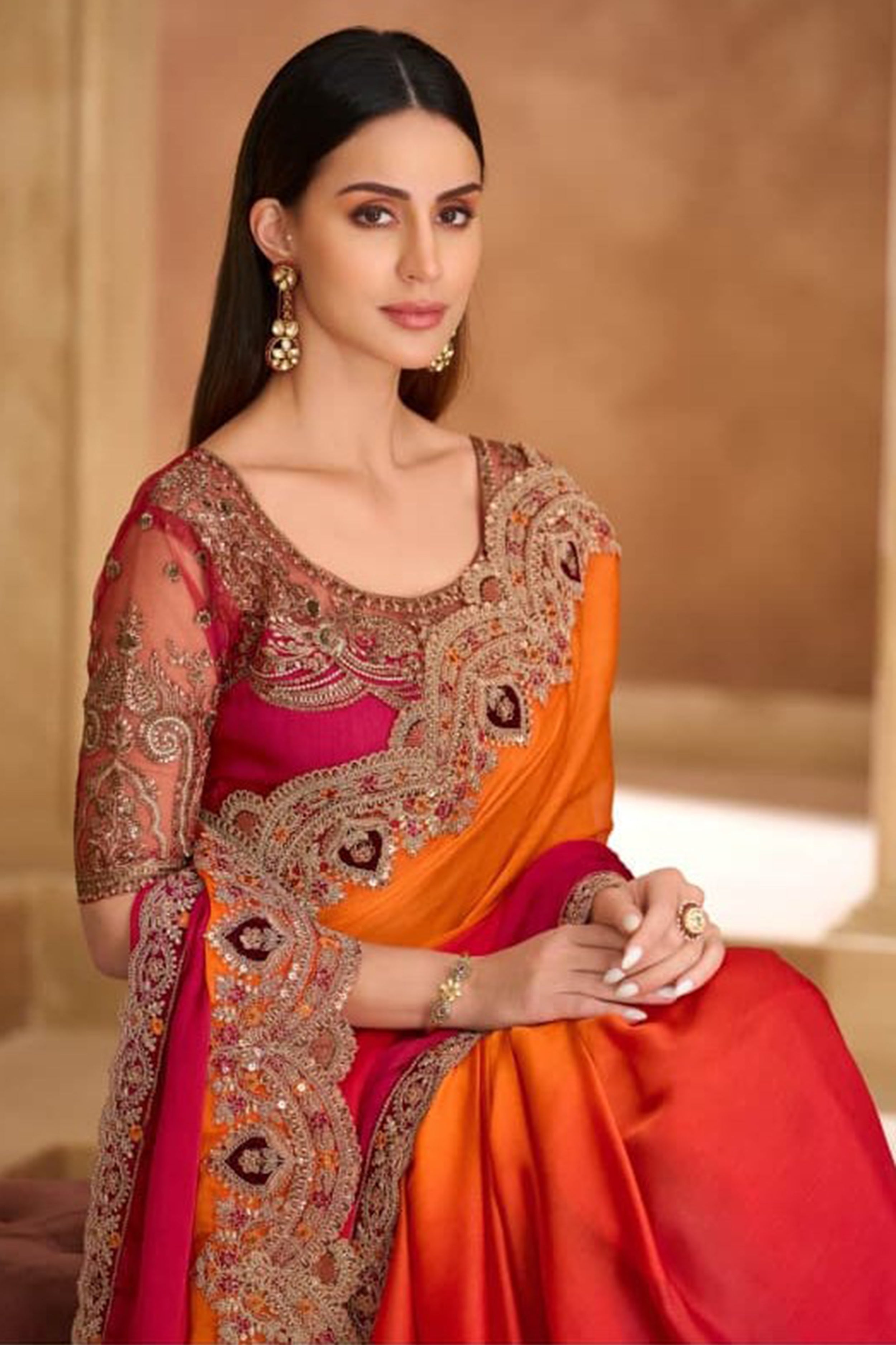 Shaded Orange Georgette Saree With Dual Tone Pallu