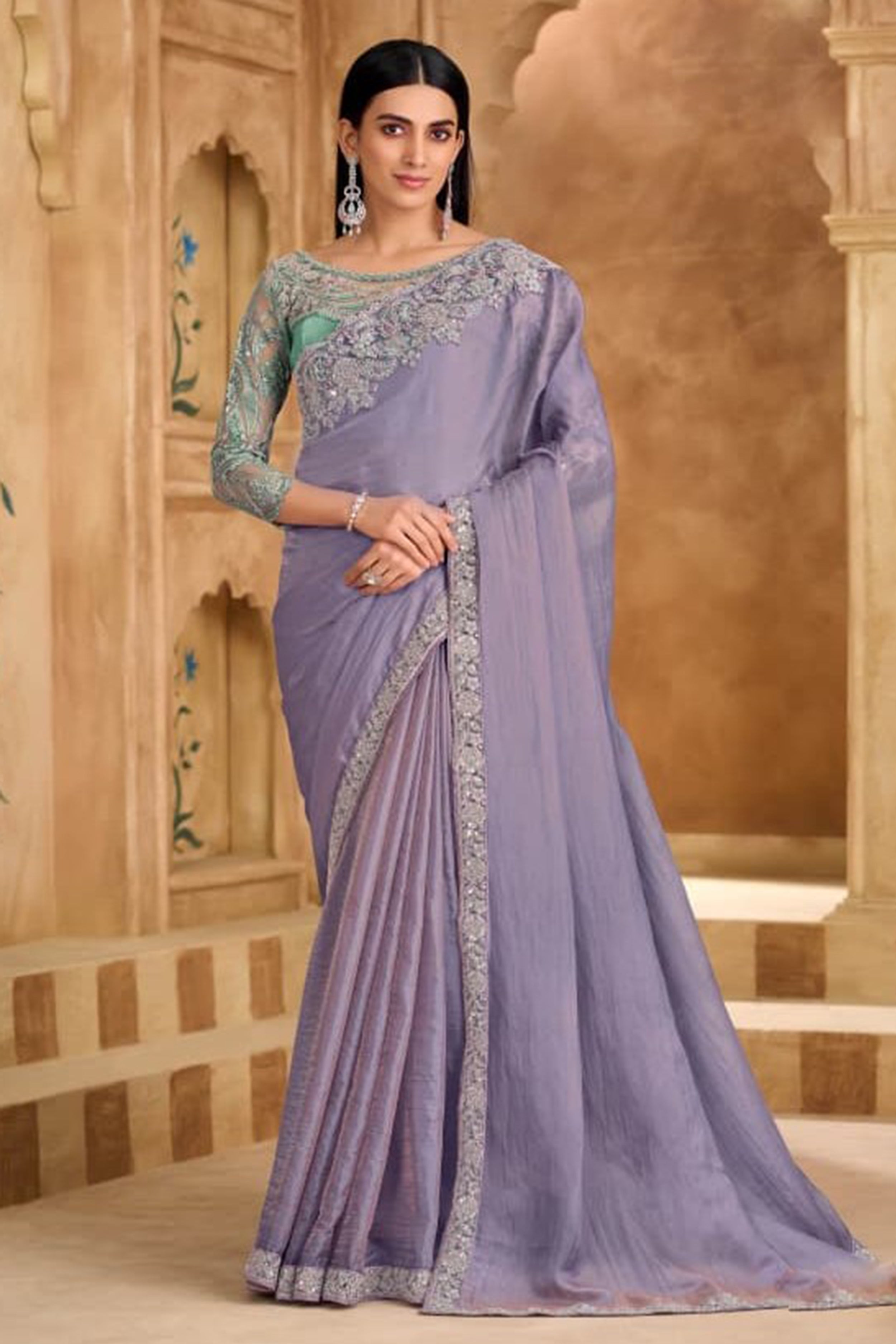 Lavender Chiffon Contemporary Saree with Patch Border and Embroidered Work