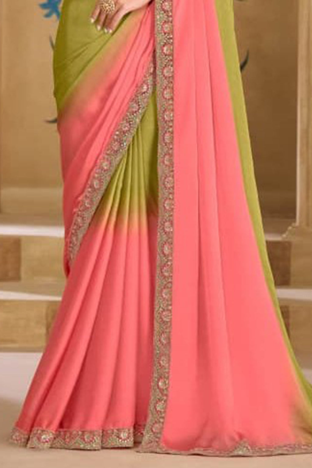 Pista Green Georgette Saree with Shimmering Sequin and Thread Embroidery
