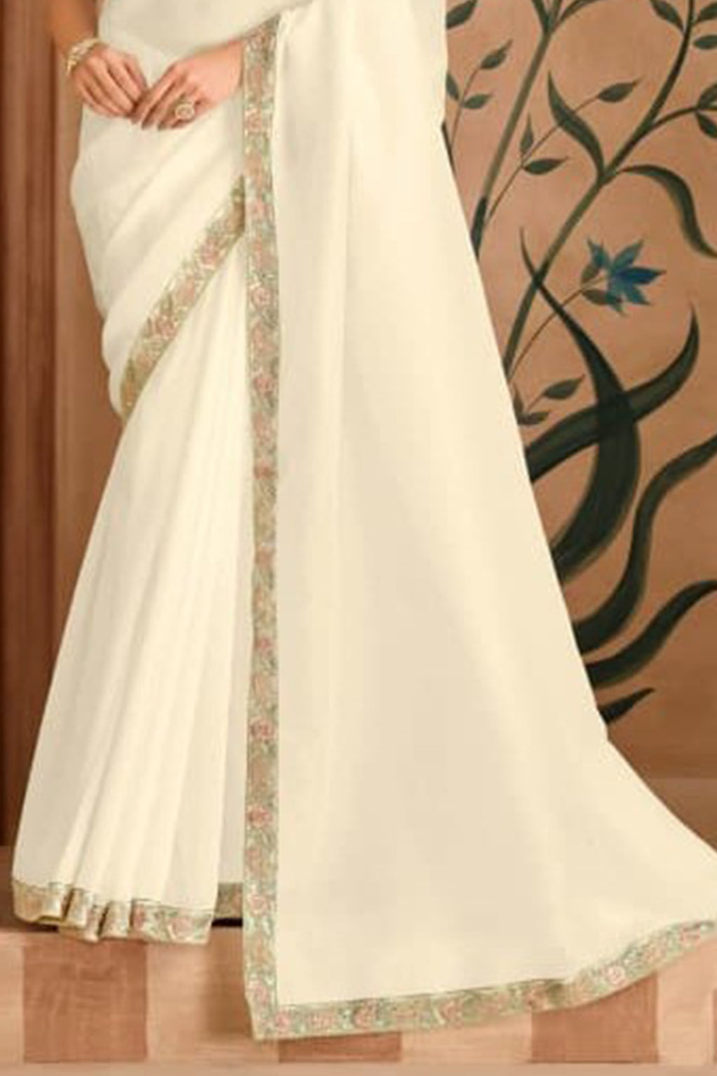 Off White Festive Wear Satin Chiffon Lace Border Work Designer Saree