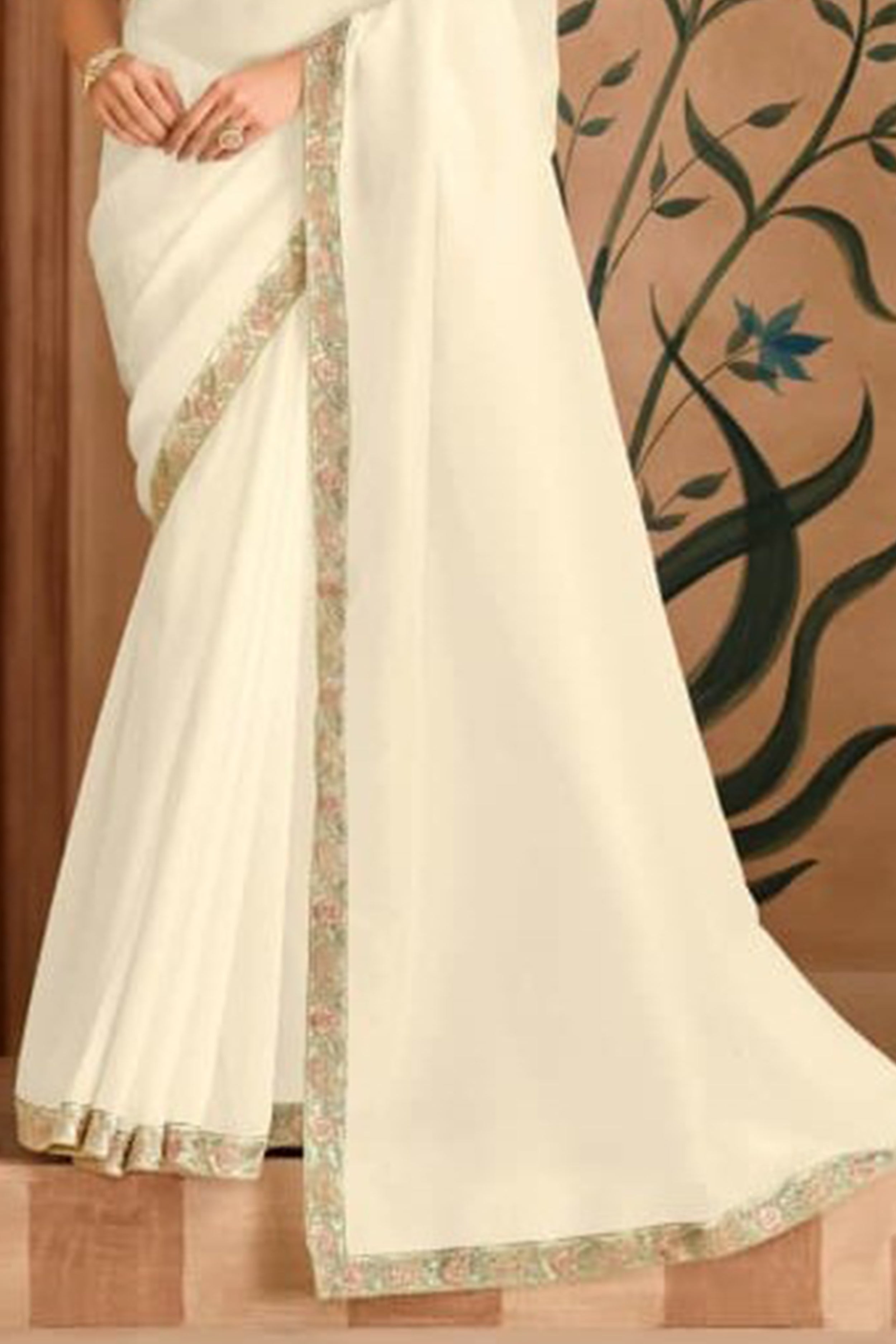 Off White Festive Wear Satin Chiffon Lace Border Work Designer Saree