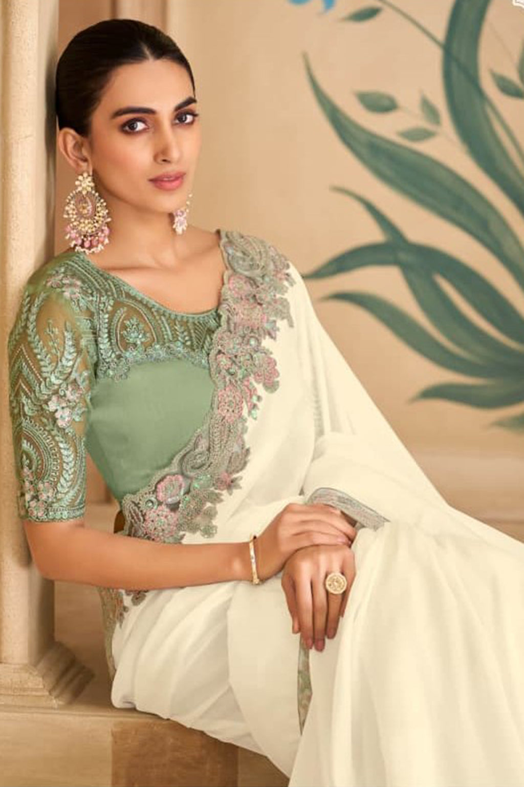 Off White Festive Wear Satin Chiffon Lace Border Work Designer Saree