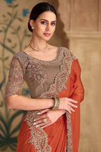 Rust Orange Satin Saree With Antique Embroidery