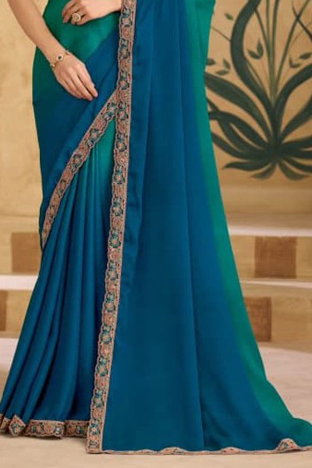 Party Perfect Morpich Green Chiffon Saree with Shimmering Sequin and Thread Embroidery