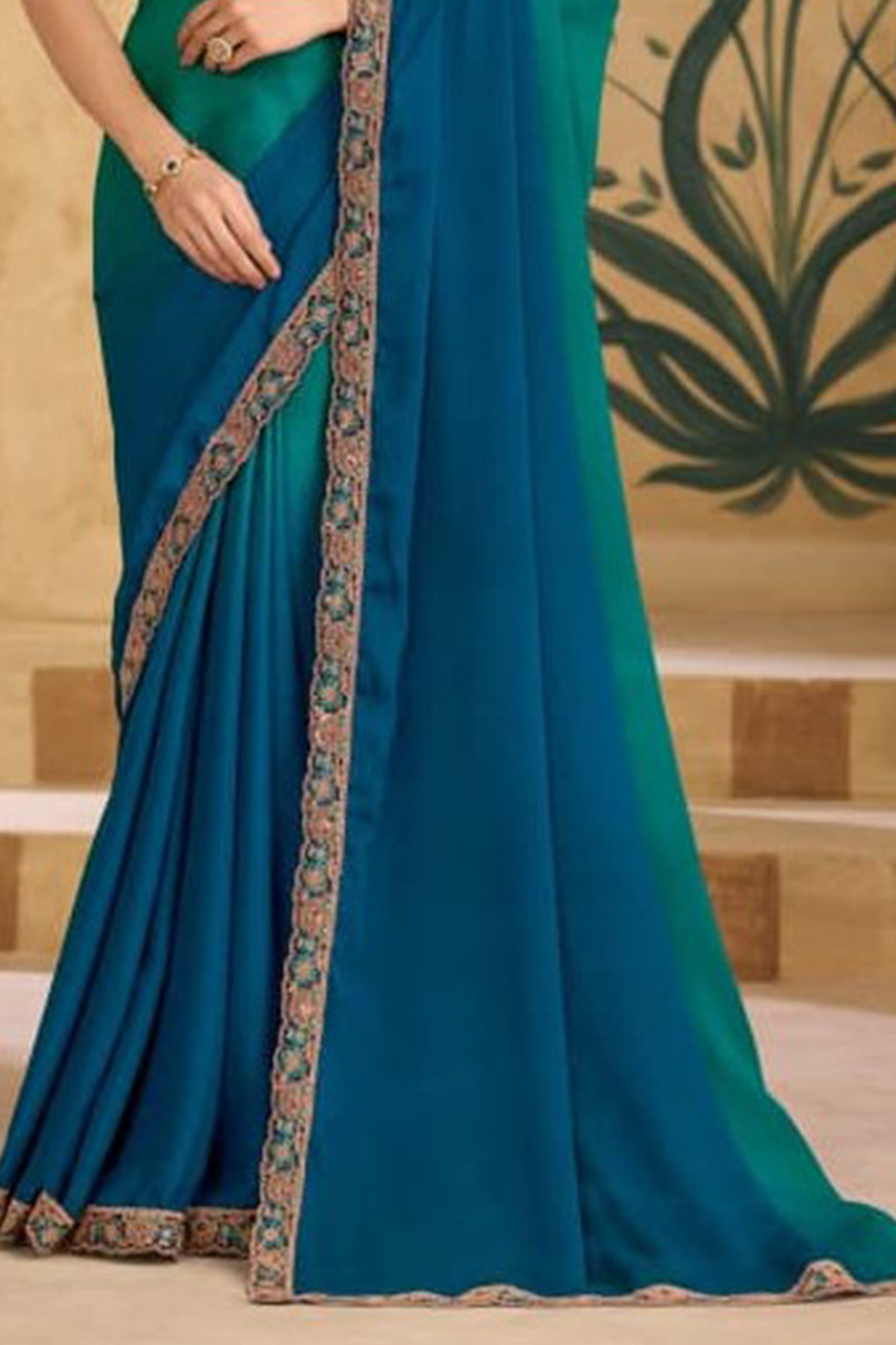Party Perfect Morpich Green Chiffon Saree with Shimmering Sequin and Thread Embroidery