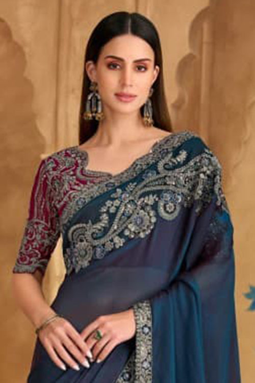 Dual Tone Blue Georgette Saree With Embellished Border