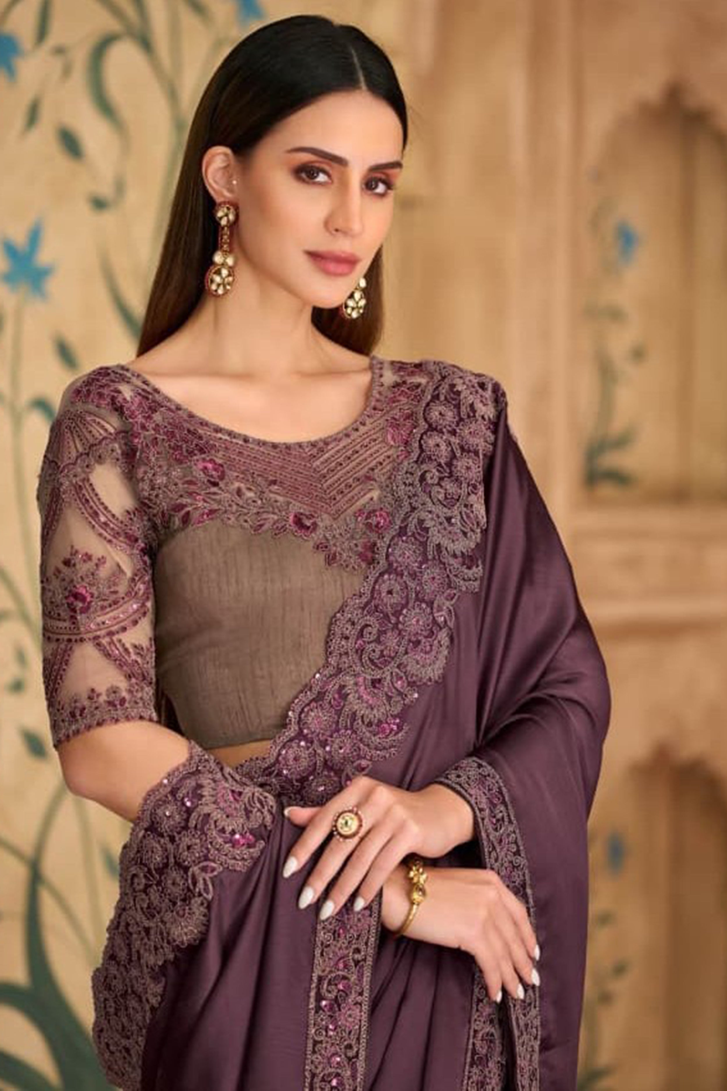 Lace Border Work Satin Chiffon Wine Designer Saree For Festive Wear