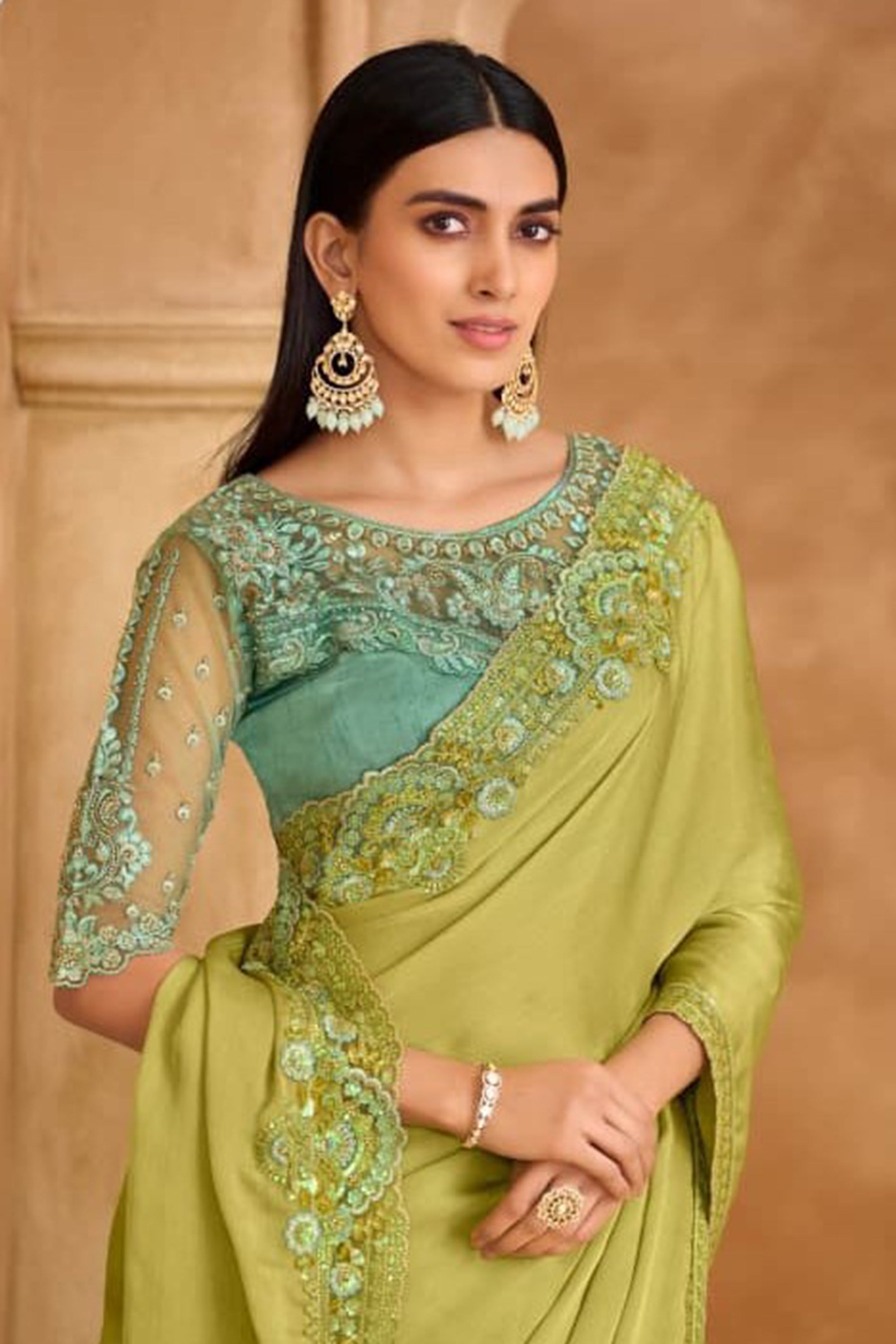 Lime Green Chiffon Embroidery Saree