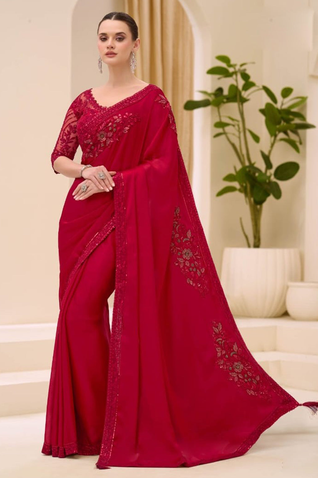 Cherry Red Chiffon Embroidered Sequins Beads Thread Saree Wedding Wear