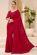 Cherry Red Chiffon Embroidered Sequins Beads Thread Saree Wedding Wear