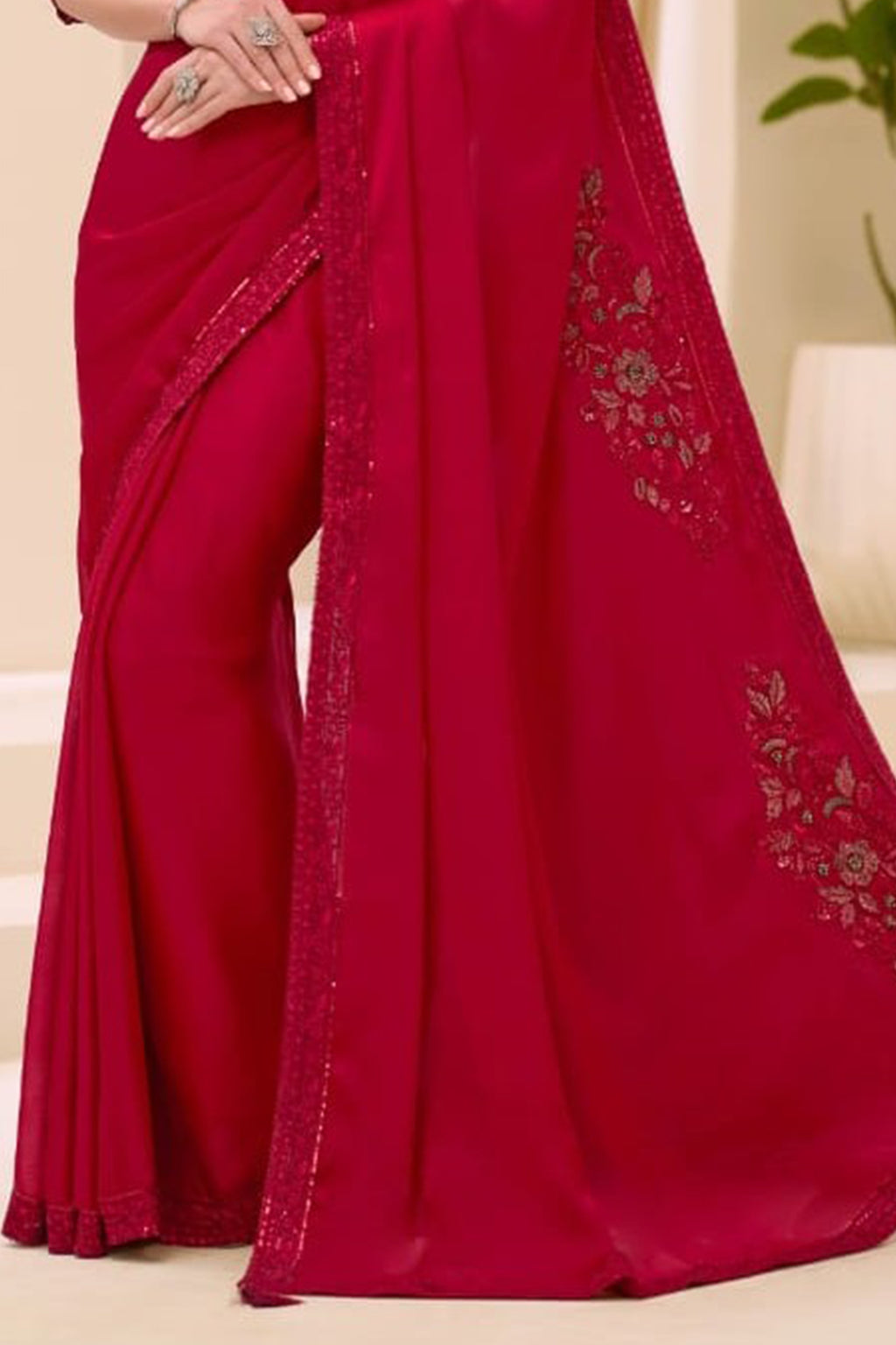 Cherry Red Chiffon Embroidered Sequins Beads Thread Saree Wedding Wear