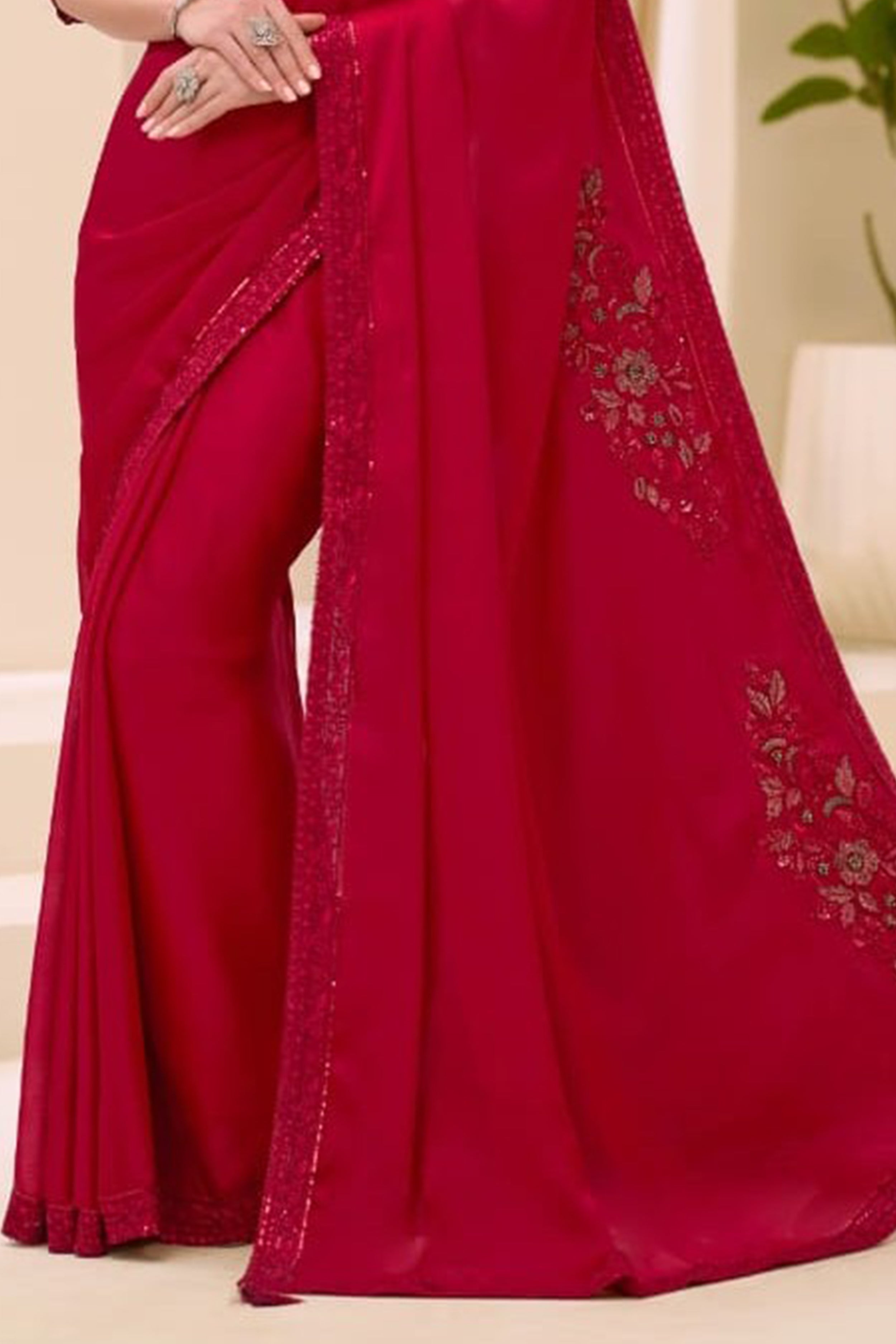 Cherry Red Chiffon Embroidered Sequins Beads Thread Saree Wedding Wear