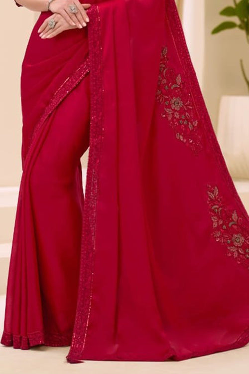 Cherry Red Chiffon Embroidered Sequins Beads Thread Saree Wedding Wear