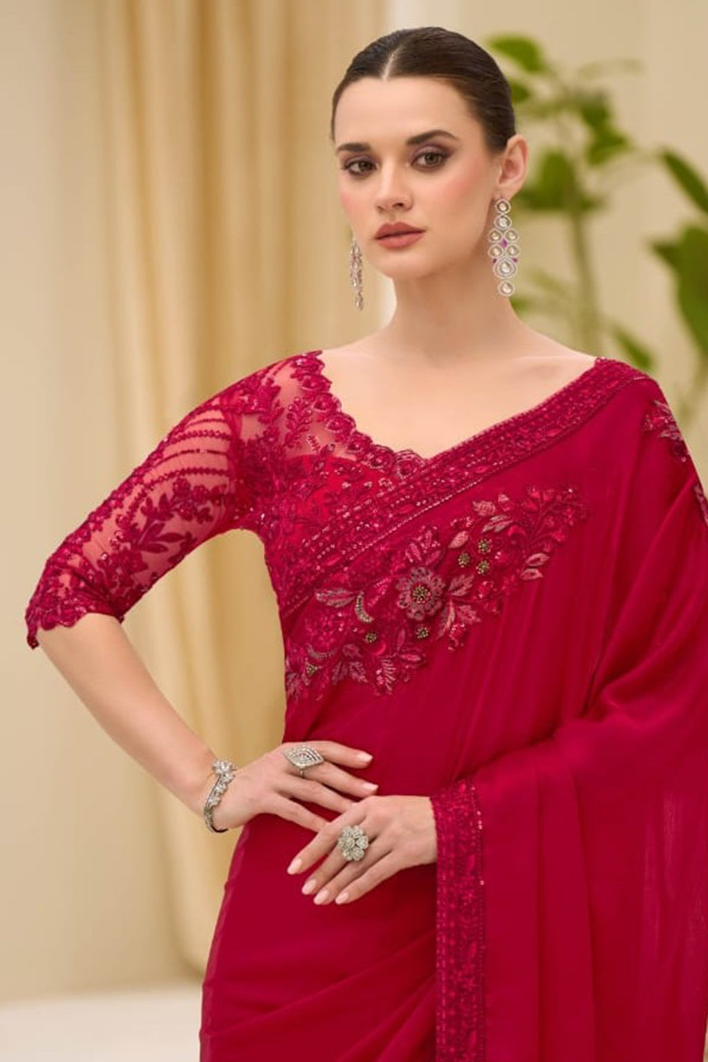 Cherry Red Chiffon Embroidered Sequins Beads Thread Saree Wedding Wear