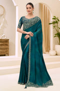 Rama Green Chiffon Embroidered Sequins Zari Thread Saree Wedding Wear