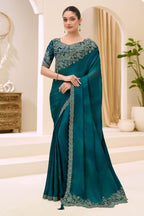 Rama Green Chiffon Embroidered Sequins Zari Thread Saree Wedding Wear