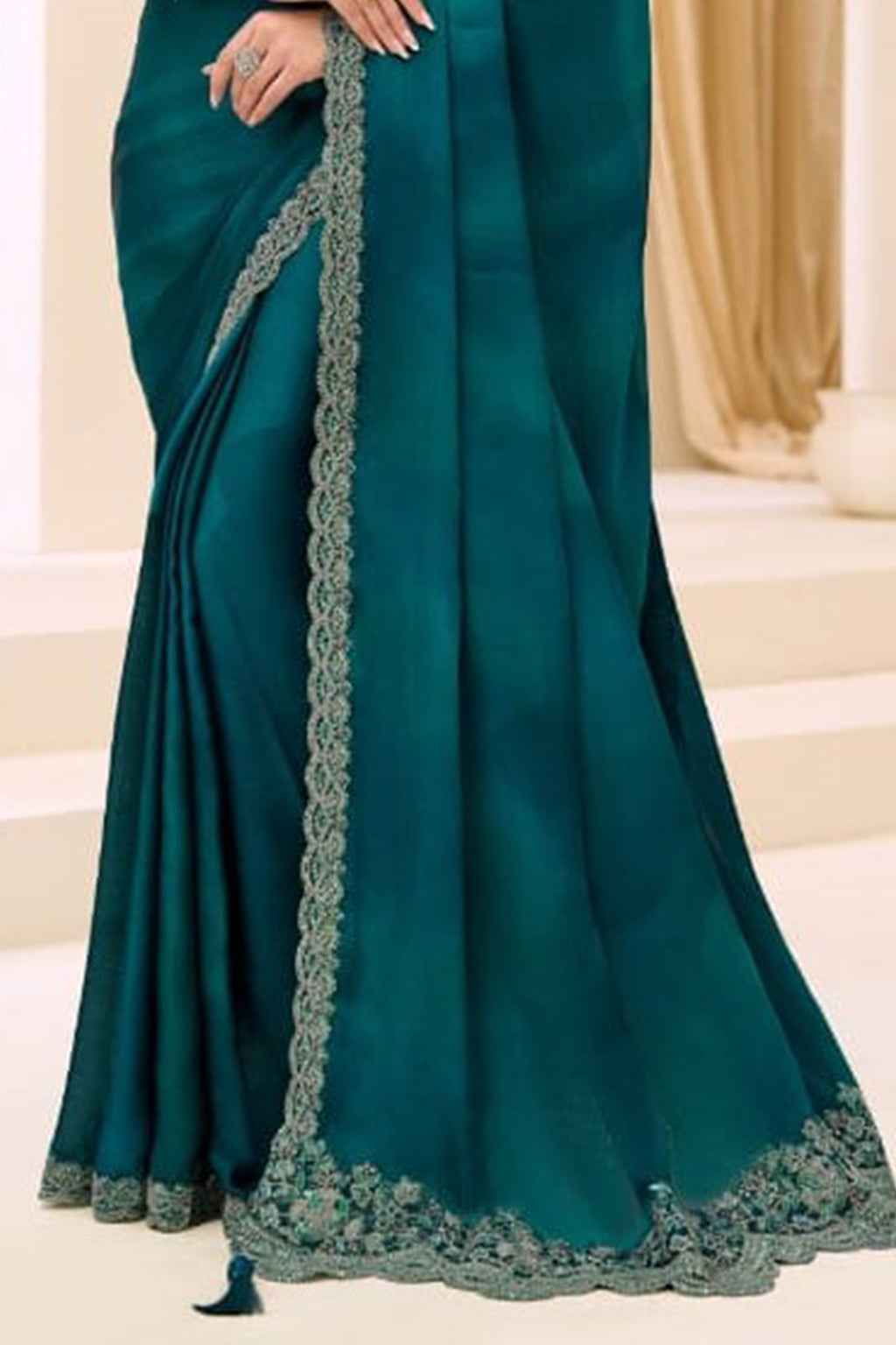 Rama Green Chiffon Embroidered Sequins Zari Thread Saree Wedding Wear