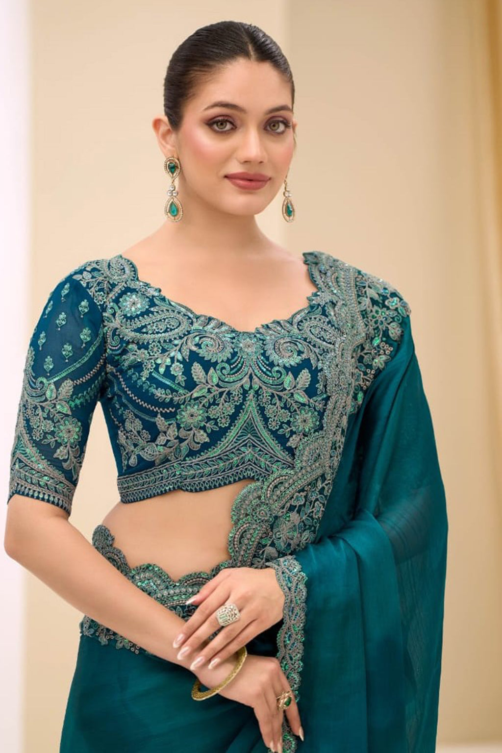 Rama Green Chiffon Embroidered Sequins Zari Thread Saree Wedding Wear