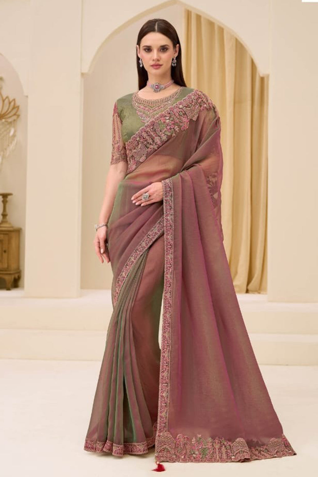 Rose Pink And Pista Green Shaded Festive Wear Chiffon Silk Saree