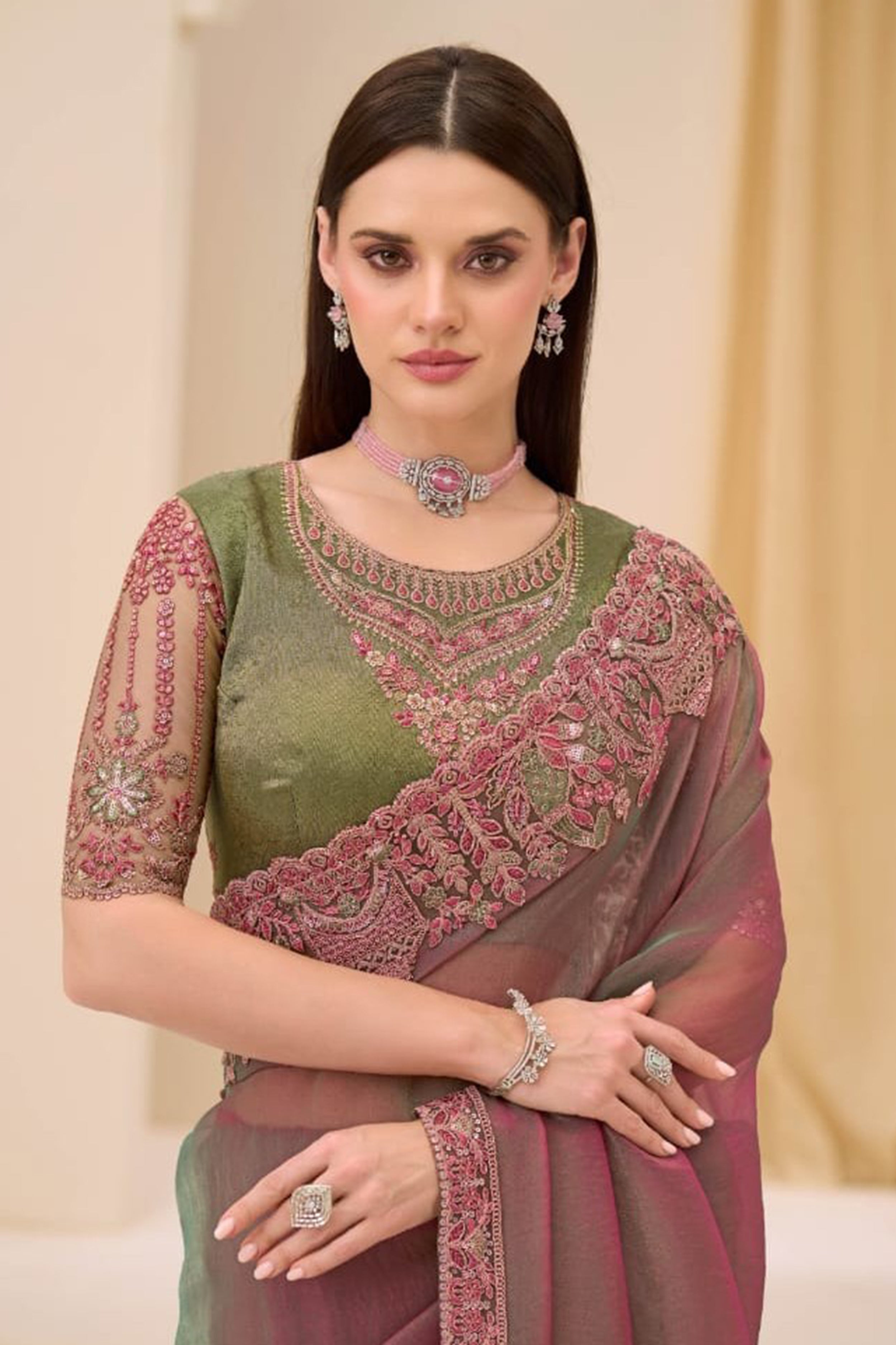 Rose Pink And Pista Green Shaded Festive Wear Chiffon Silk Saree