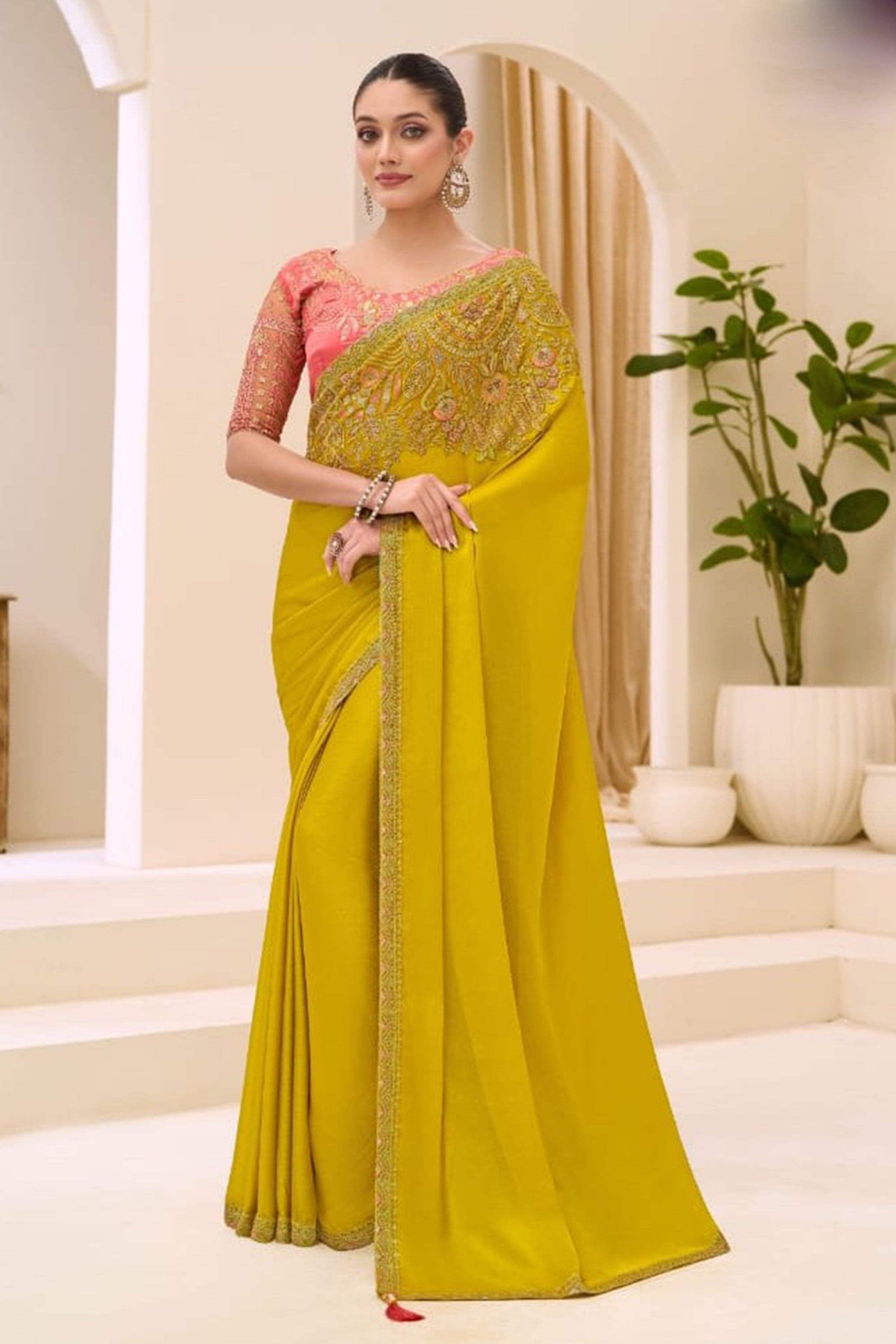 Yellow Chiffon Embroidered Sequins Beads Thread Saree Wedding Wear