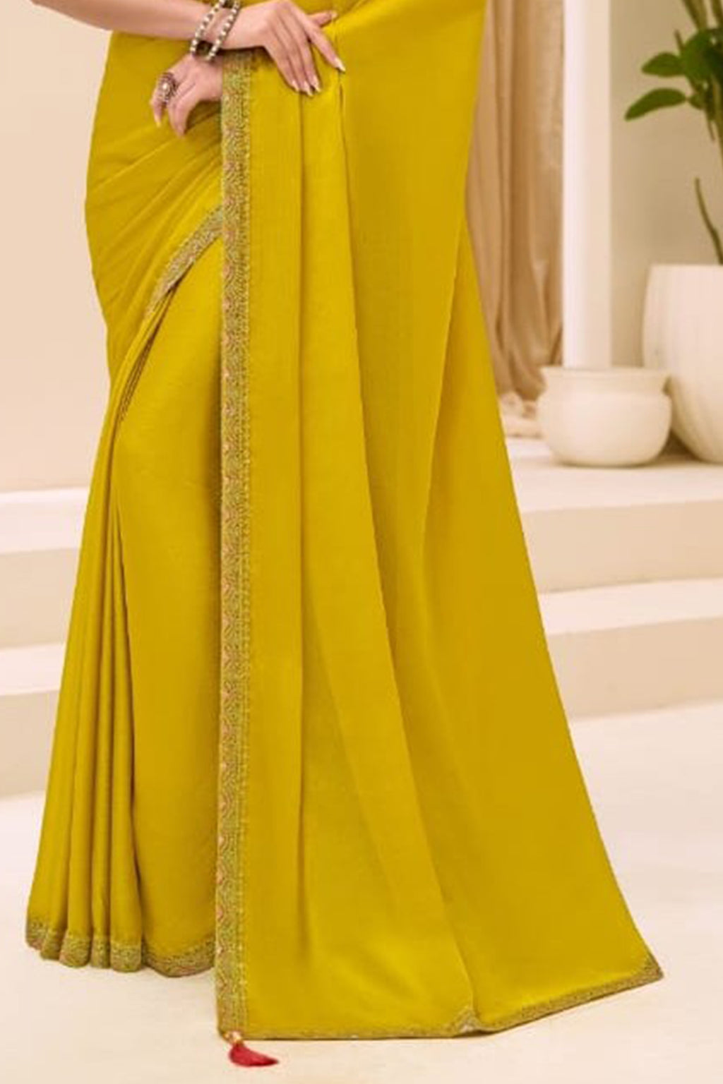 Yellow Chiffon Embroidered Sequins Beads Thread Saree Wedding Wear