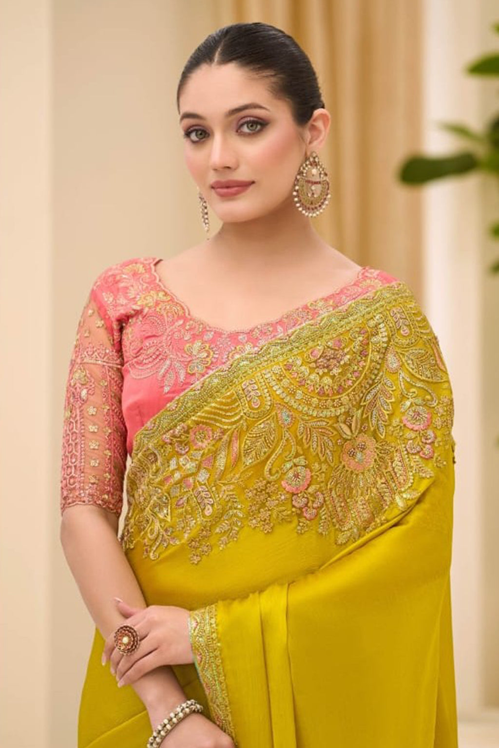 Yellow Chiffon Embroidered Sequins Beads Thread Saree Wedding Wear