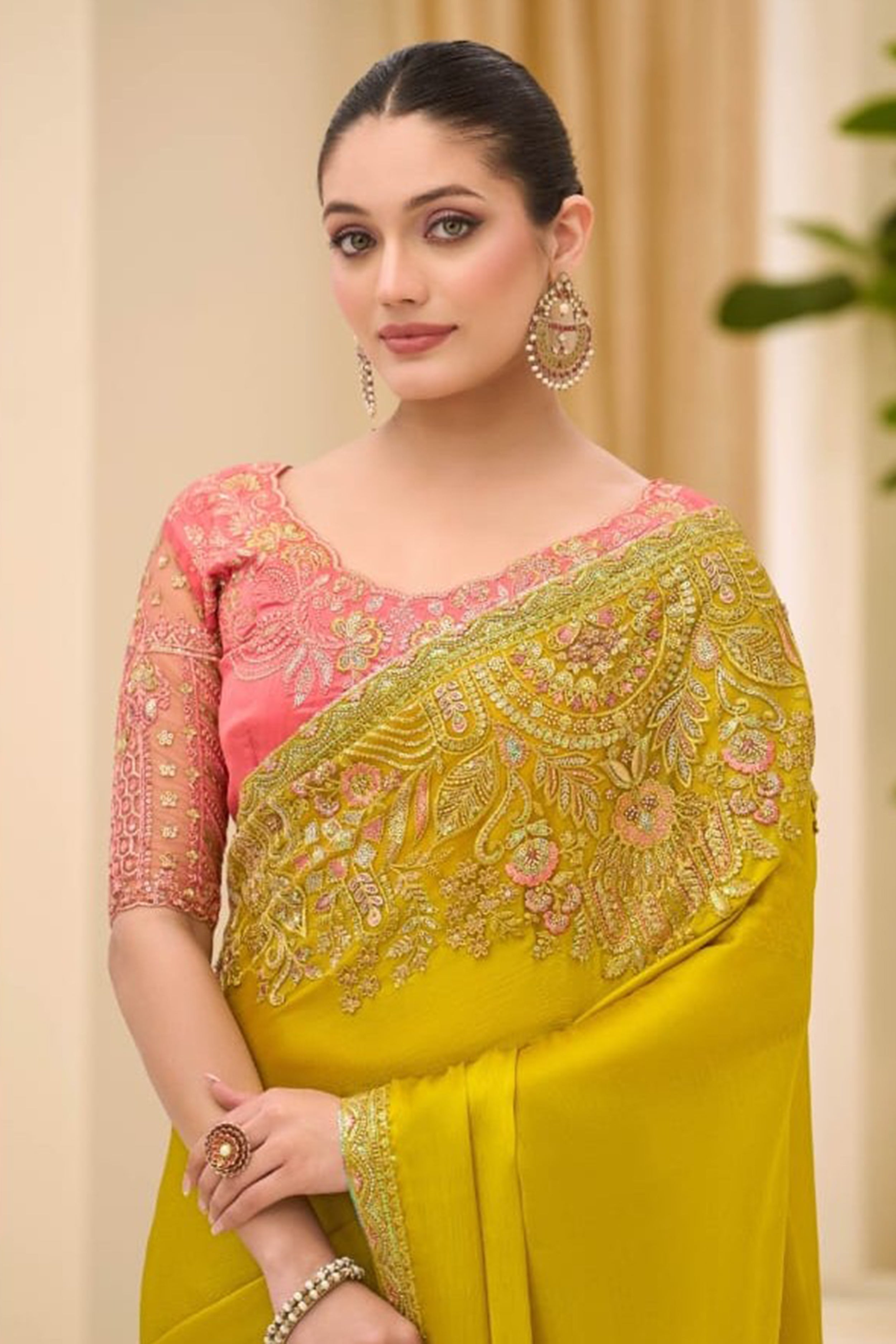 Yellow Chiffon Embroidered Sequins Beads Thread Saree Wedding Wear