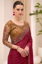 Maroon Woven Chiffon Brasso Scalloped Saree