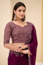 Wine Satin Silk Saree with Elegant Brocade Work Blouse for Festive Occasions