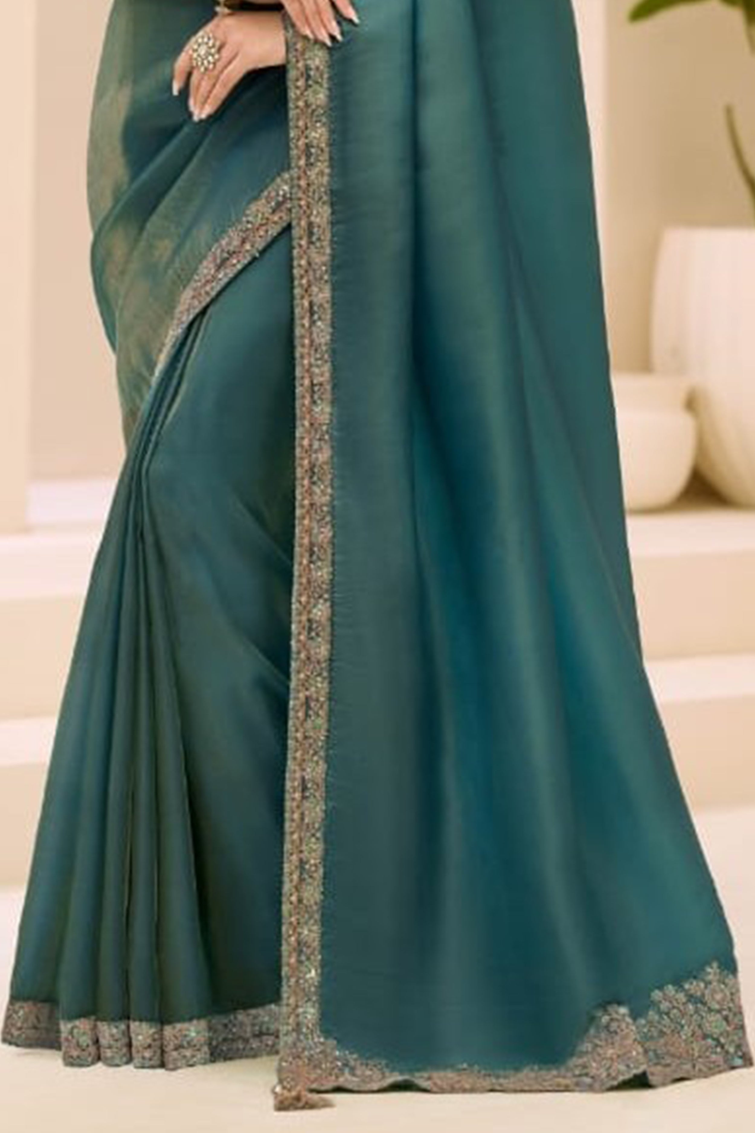 Green Tissue Patch Border and Embroidered Work Traditional Saree