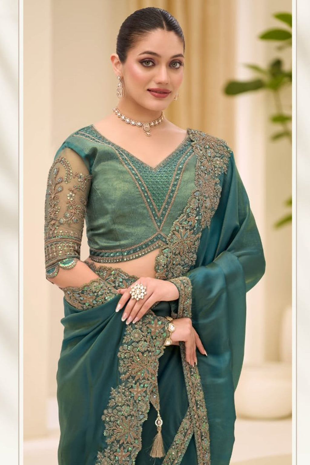 Green Tissue Patch Border and Embroidered Work Traditional Saree
