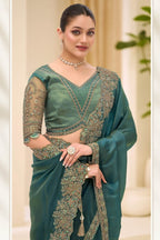 Green Tissue Patch Border and Embroidered Work Traditional Saree
