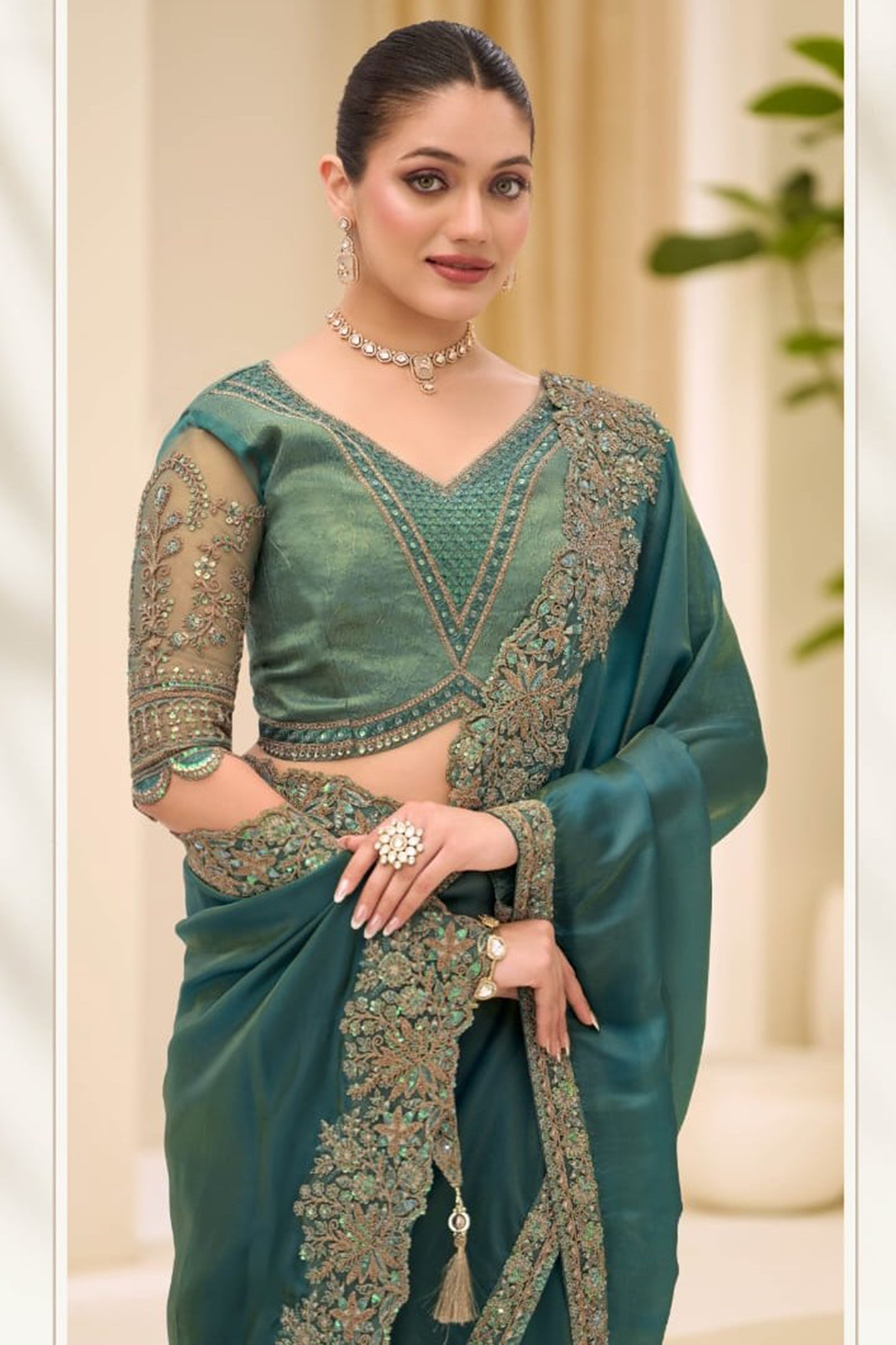 Green Tissue Patch Border and Embroidered Work Traditional Saree