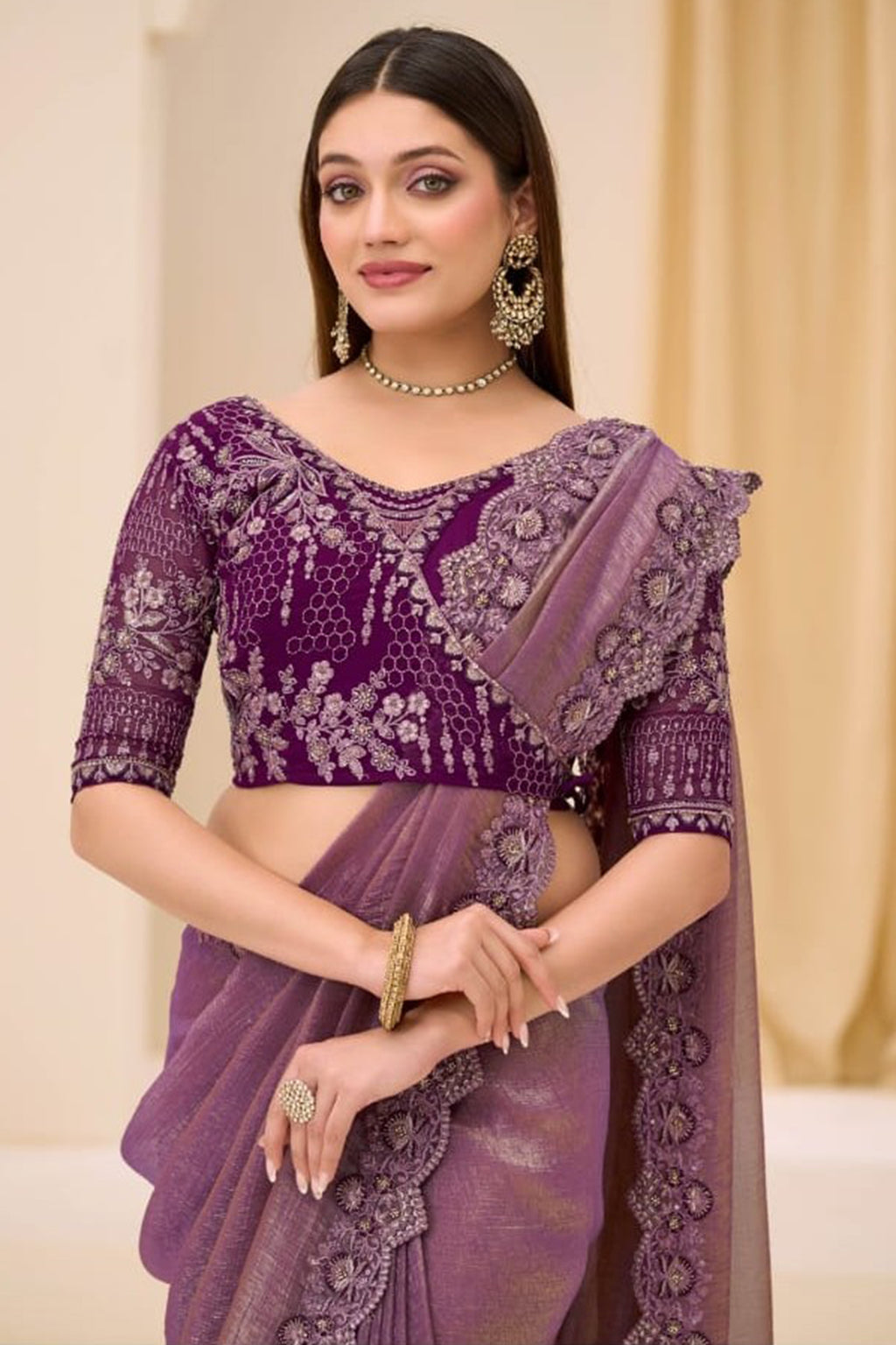 Purple Georgette Tissue Saree with Work Blouse