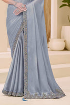 Grey satin saree with resham and sequins With Embroidered Blouse