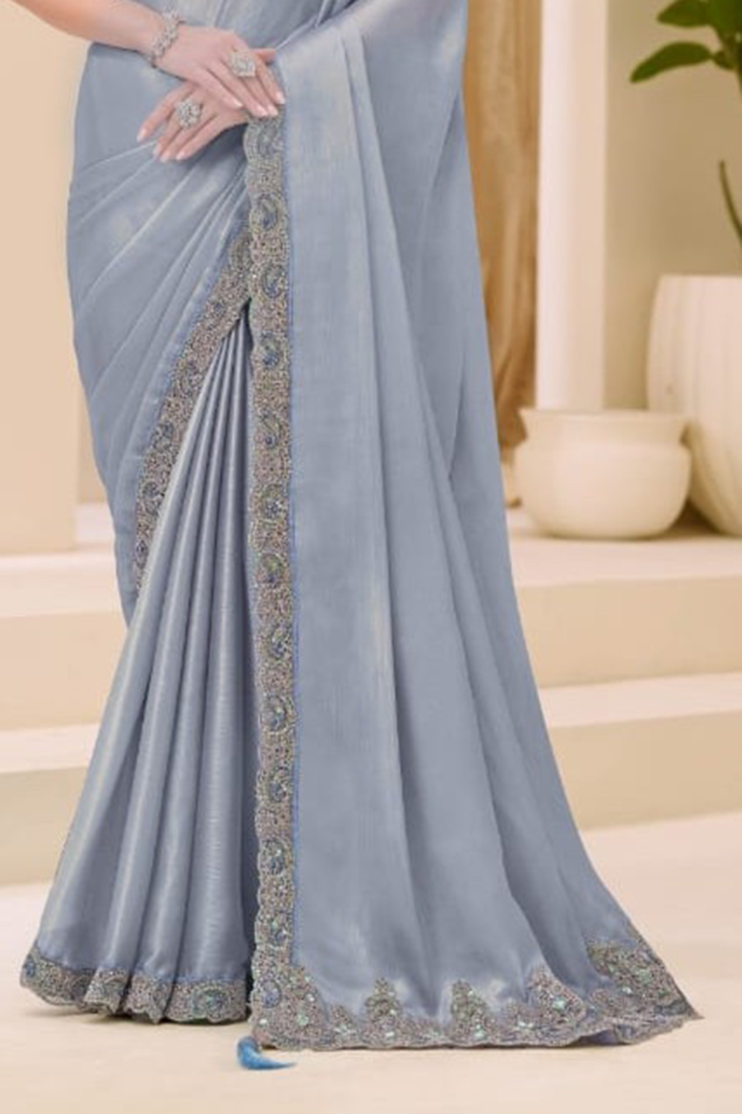 Grey satin saree with resham and sequins With Embroidered Blouse